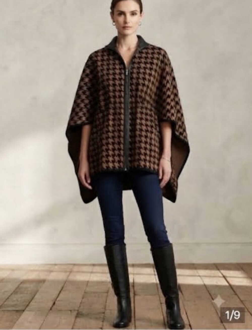 Rafaella Houndstooth Pattern Full Zip Poncho Cape Sweater Size M